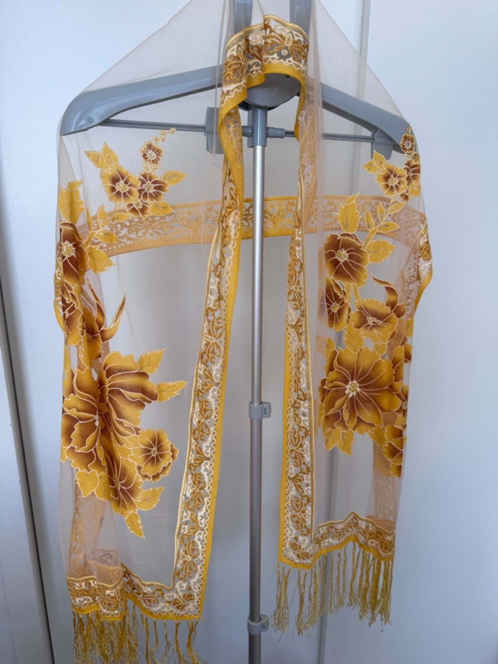 Vintage Yellow Floral Sheer Shawl Scarf with Fringe